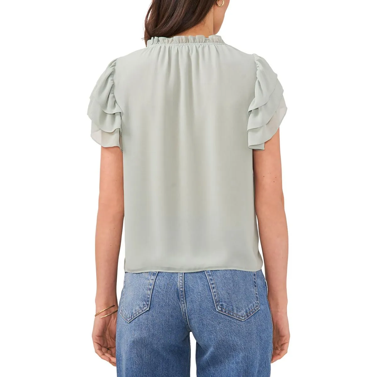 1.State Womens V-Neck Ruffled Neck Blouse