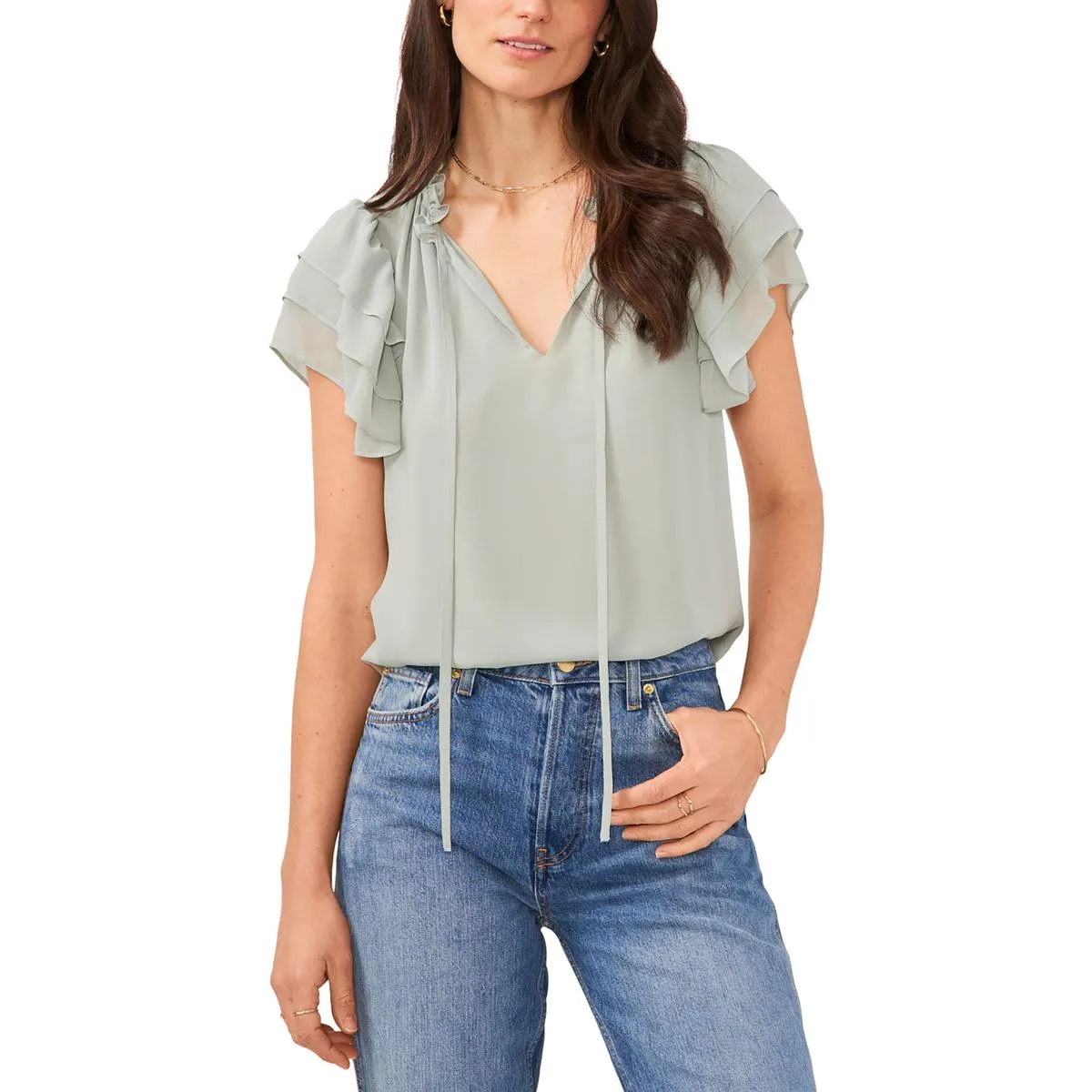 1.State Womens V-Neck Ruffled Neck Blouse