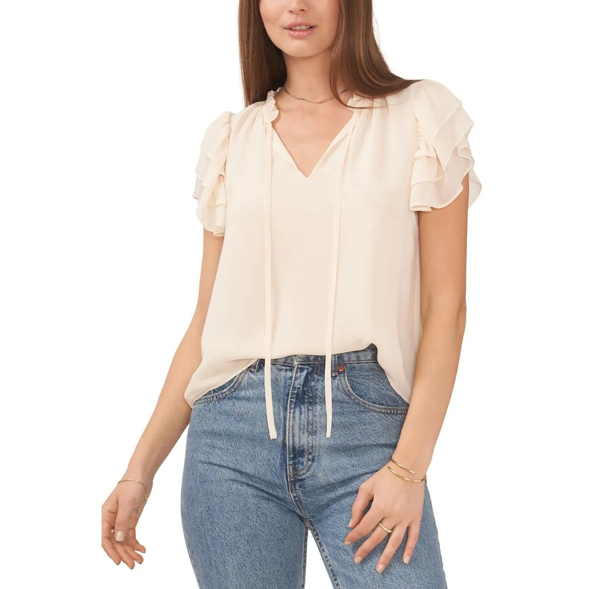 1.State Womens V-Neck Ruffled Neck Blouse