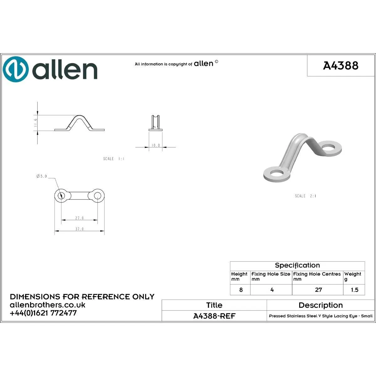 Allen Pressed Stainless Steel V Style Lacing Eye - Small