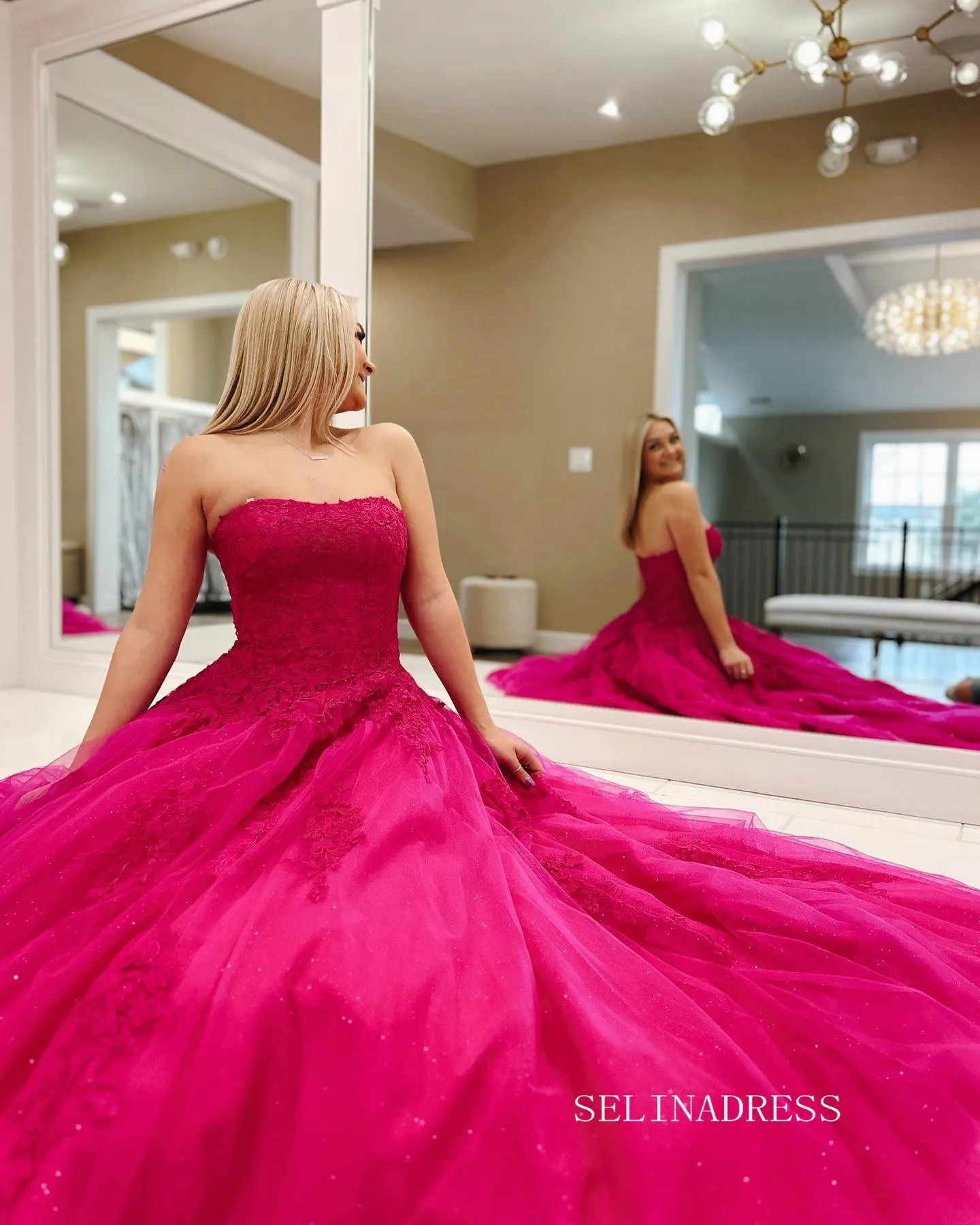 Chic A-line Strapless Lace Long Prom Dress Elegant Evening Dress #LOP810