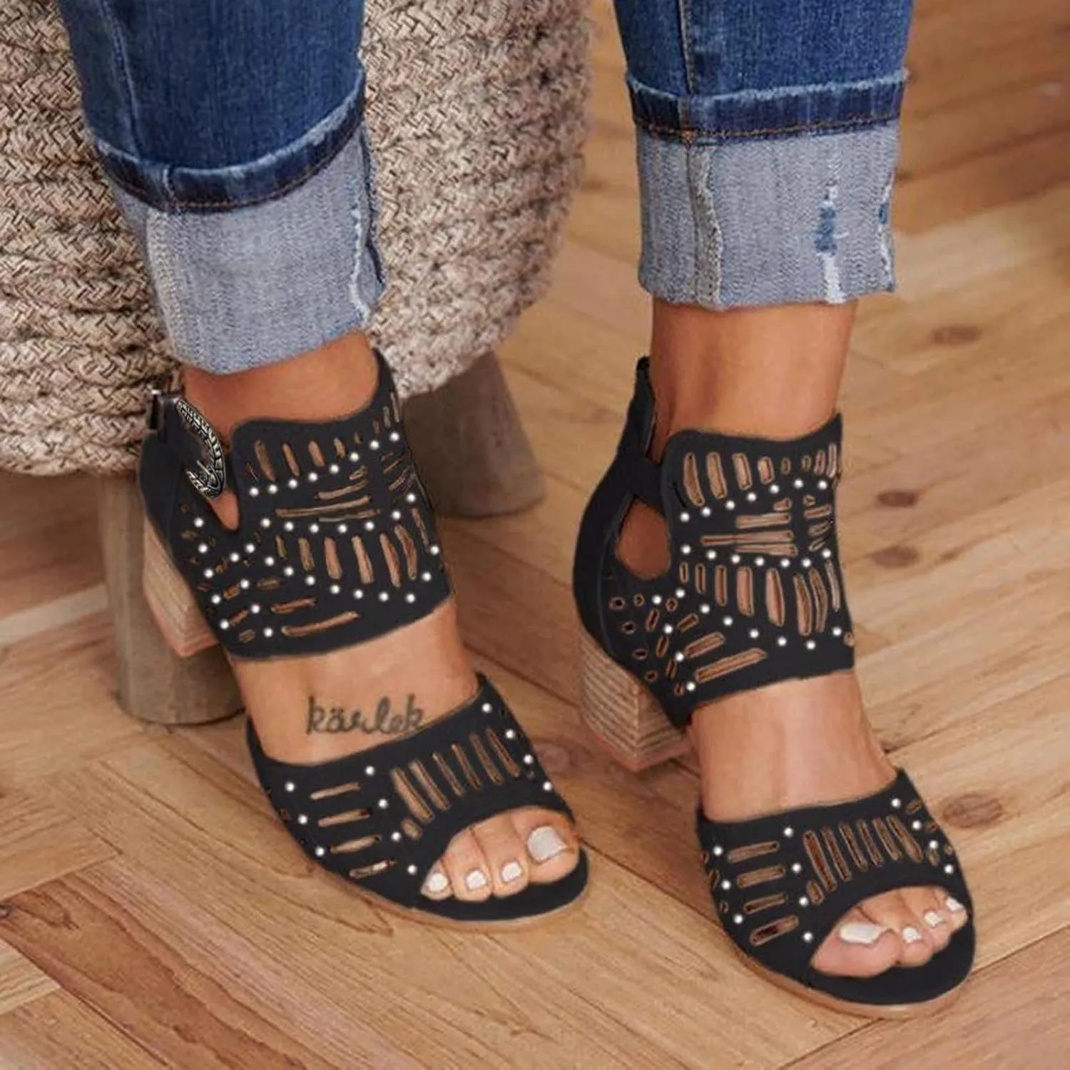 Eduavar Sandals for Women Dressy Summer, Wedge Sandals for Women Chunky Heel Sandals Open Toe Hollow Out Ankle Strap Sandals