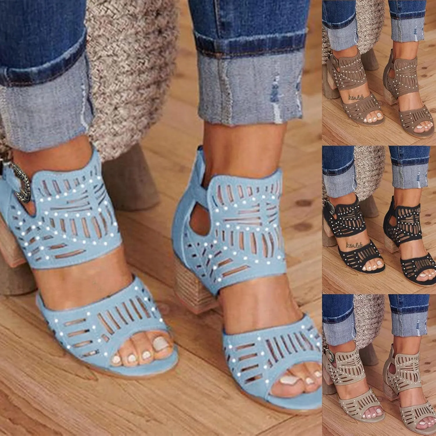 Eduavar Sandals for Women Dressy Summer, Wedge Sandals for Women Chunky Heel Sandals Open Toe Hollow Out Ankle Strap Sandals