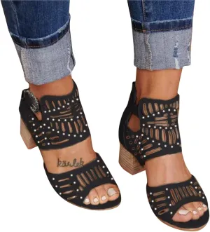 Eduavar Sandals for Women Dressy Summer, Wedge Sandals for Women Chunky Heel Sandals Open Toe Hollow Out Ankle Strap Sandals