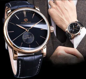 Men's Minimalist White Dial Automatic Watch Stainless Steel with Leather Strap Mechanical Watch for Men