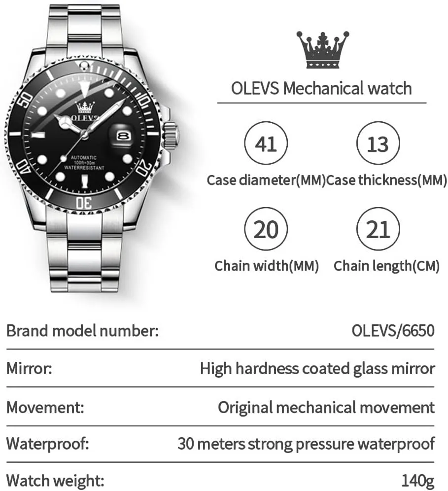 OLEVS Men's Mechanical Watch Hollow Out Waterproof Automatic Stringing Watch for Men