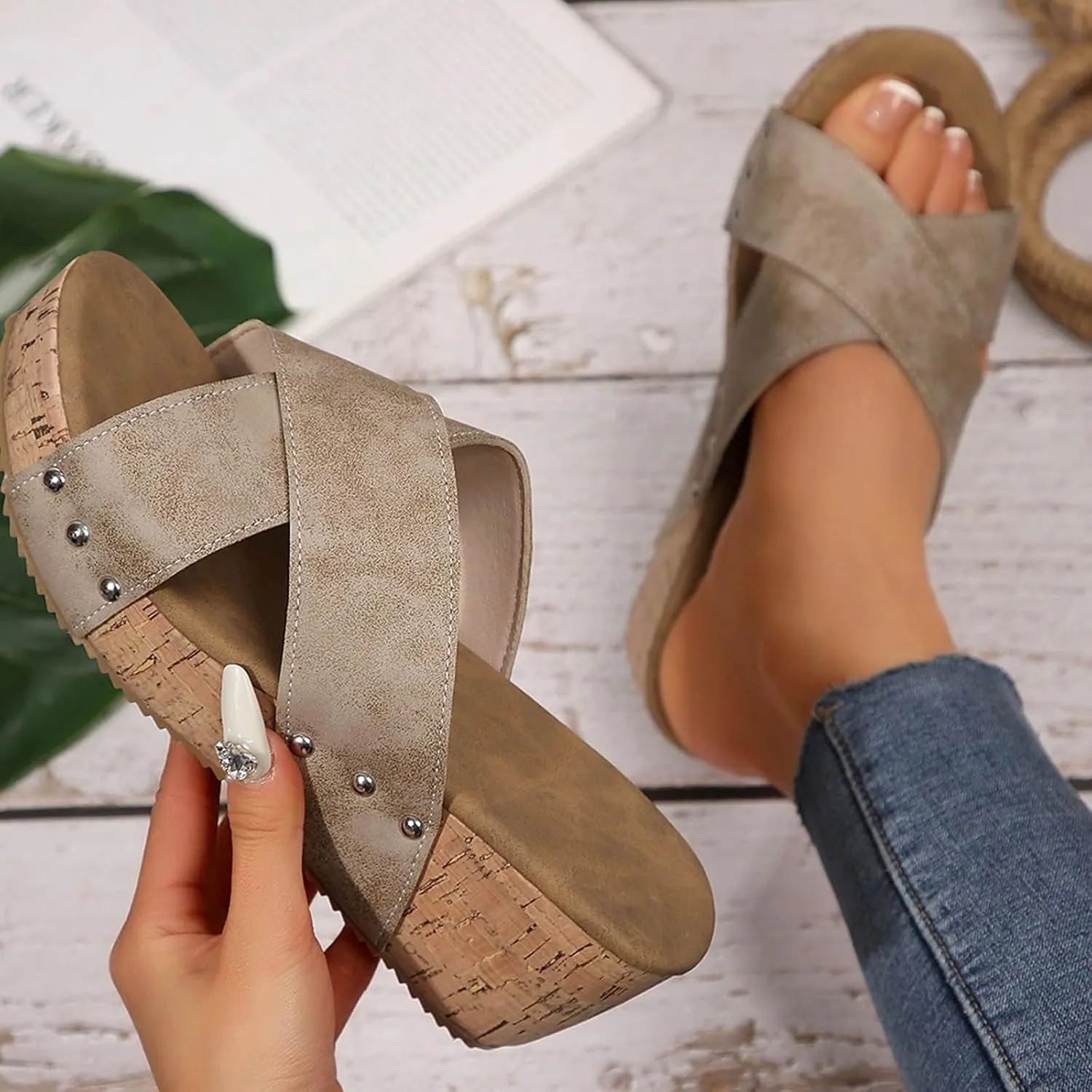 Platform Sandals Women Comfortable Open Toe Cork Sandals Casual Dressy Summer Shoes Slip on Slides Wedge Sandals