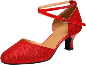 Women Strap Latin Ballroom Black Character Dance Shoes Ladies Modern Tango Salsa Party Dress Pump (Red, 6)