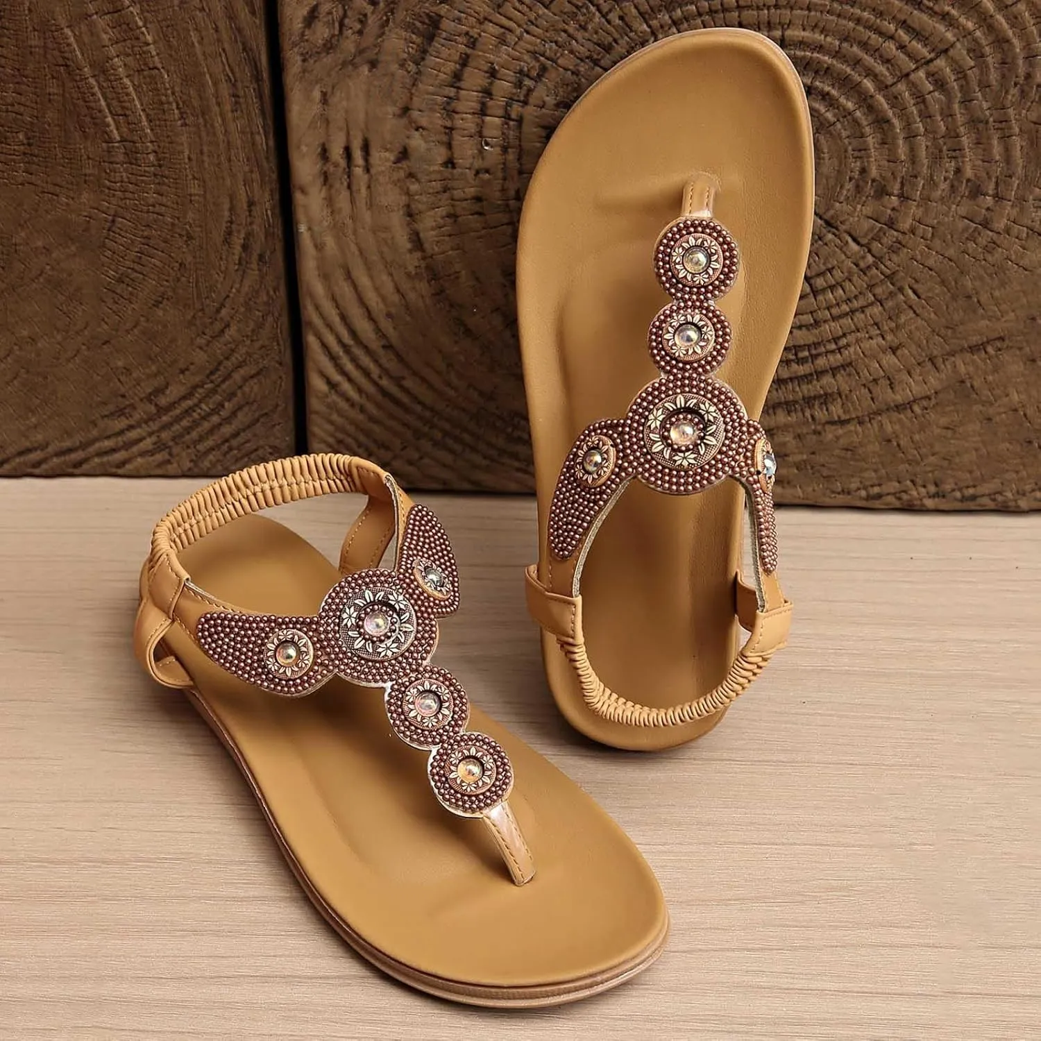 Womens Flip Flops Summer Bohemian Sandals Travel Beach Sandals Elastic Ankle Strap Dressy Sandal Outdoor Vacation Shoes