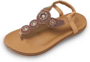 Womens Flip Flops Summer Bohemian Sandals Travel Beach Sandals Elastic Ankle Strap Dressy Sandal Outdoor Vacation Shoes