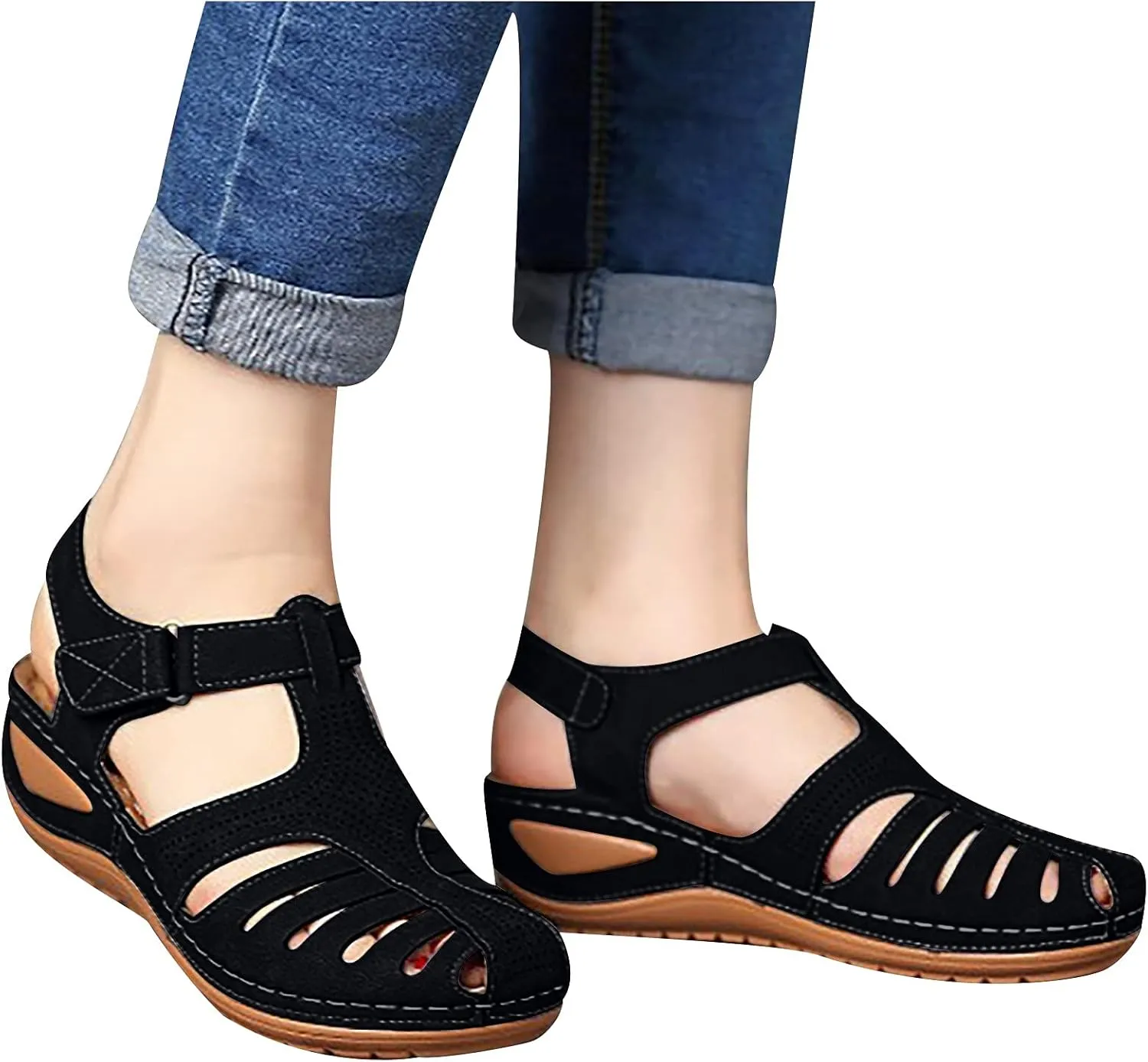 Womens Summer Sandals Casual Bohemia Gladiator Closed Toe Wedge Shoes Comfort Ankle Strap Slip On Platform Sandals