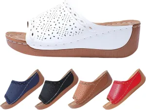 YOLAI Women's Solid Color Sandals Comfortable Arch Support Slides Breathable Summer Orthotic Leather Platform Wedge Sandals Slip on Women All Day Walking Casual Sandal